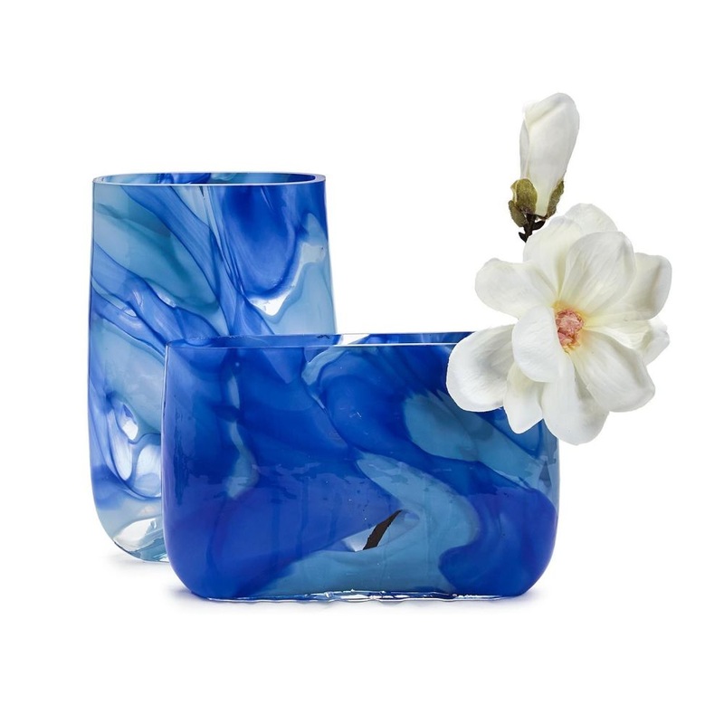 Two’s Company Set of 2 SwirledBlue Hand Blown Glass Vase- Hand Blown Glass