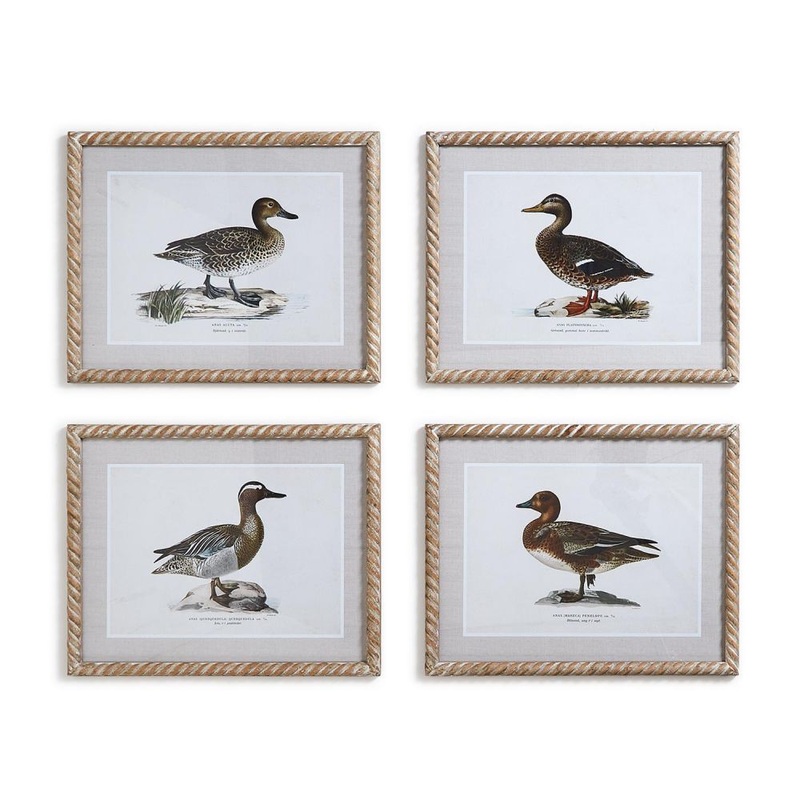 Two’s Company Set of 4 Duck Wall Art in Hand-Carved Wood Frame with 4 Designs