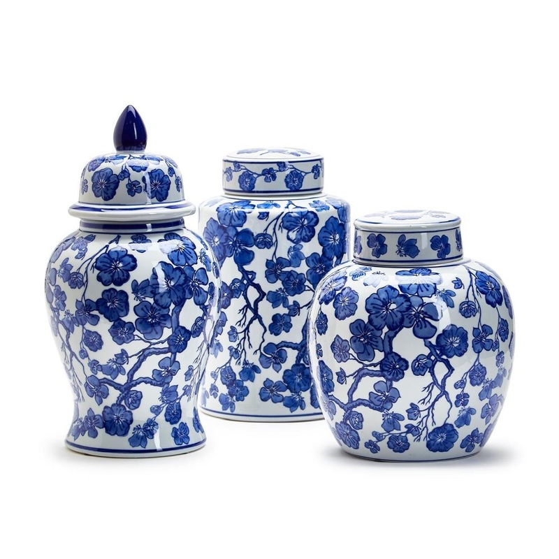 Two’s Company Sumida Gardens Set of 3 Blue And White Covered Temple Jar