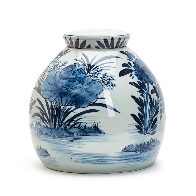 Two’s Company Water Lilly 11 Blue And White Squat Covered Ginger Jar – Ceramic