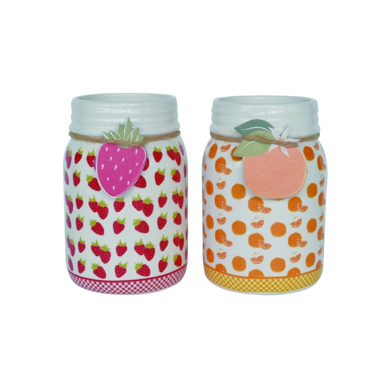 Dolomite Canisters Strawberry And Orange  With Tag, Set Of 2, Assortment