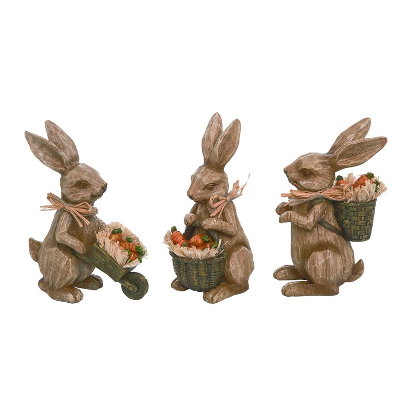 Transpac Resin Carved Bunny With Carrot Figurine, Set Of 3, Assortment