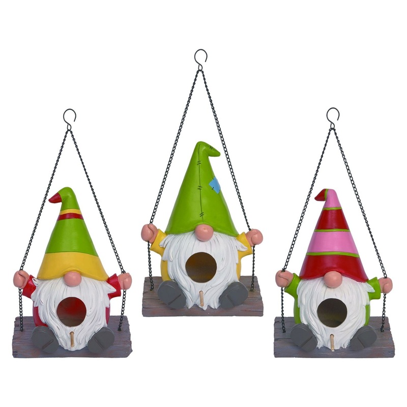 Transpac Resin Swinging Gnome Birdhouse, Set Of 3, Assortment