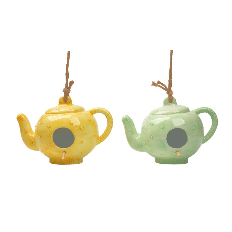 Transpac Dolomite Textured Teapot Birdhouse, Set Of 2, Assortment