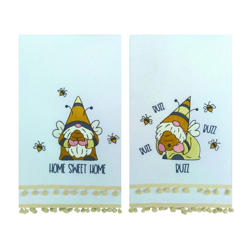 Transpac Embroidered Fabric Bee Gnome Tea Towel, Set Of 2, Assortment