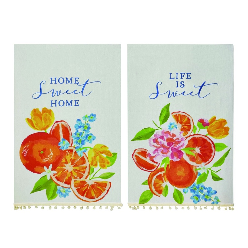 Transpac Embroidered Fabric Orange Tea Towel, Set Of 2, Assortment