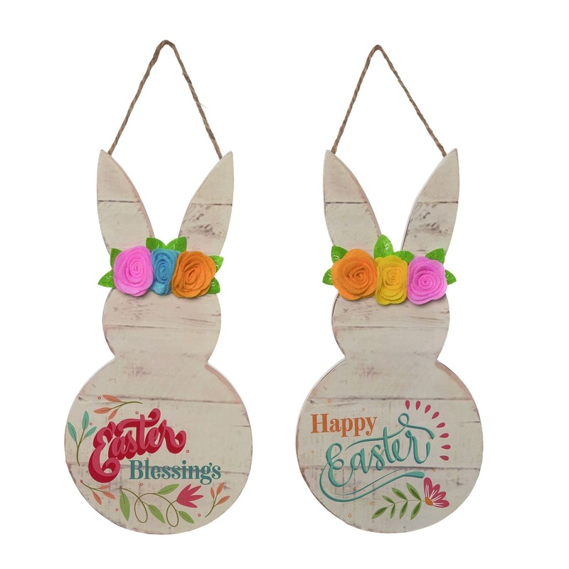 Transpac MDF Bunny Hanger With Felt Flower Accent, Set Of 2, Assortment