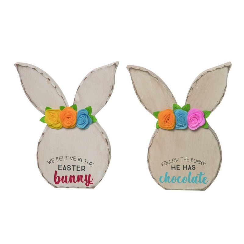 Transpac MDF Chunky Bunny Cut Out Decor With Felt Flowers, Set Of 2, Assortment