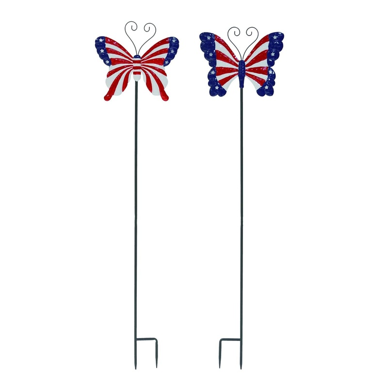 Transpac Metal Americana Butterfly Yard Stake KD, Set Of 2, Assortment