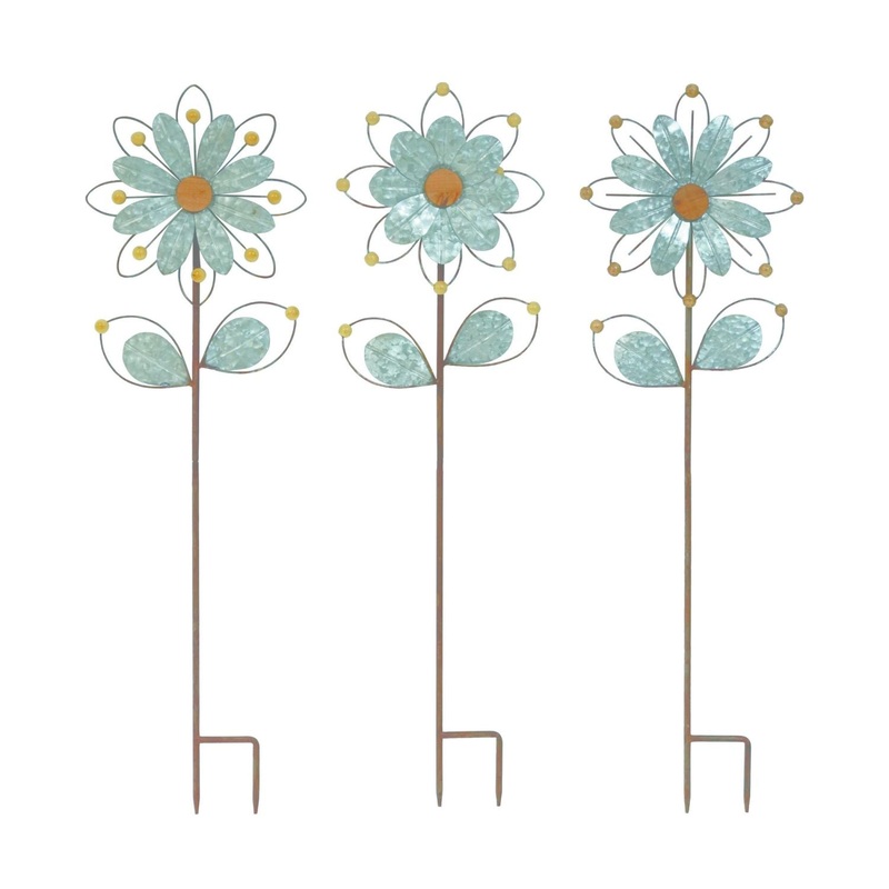 Transpac Metal Beaded Blossom Yard Stake KD, Set Of 3, Assortment