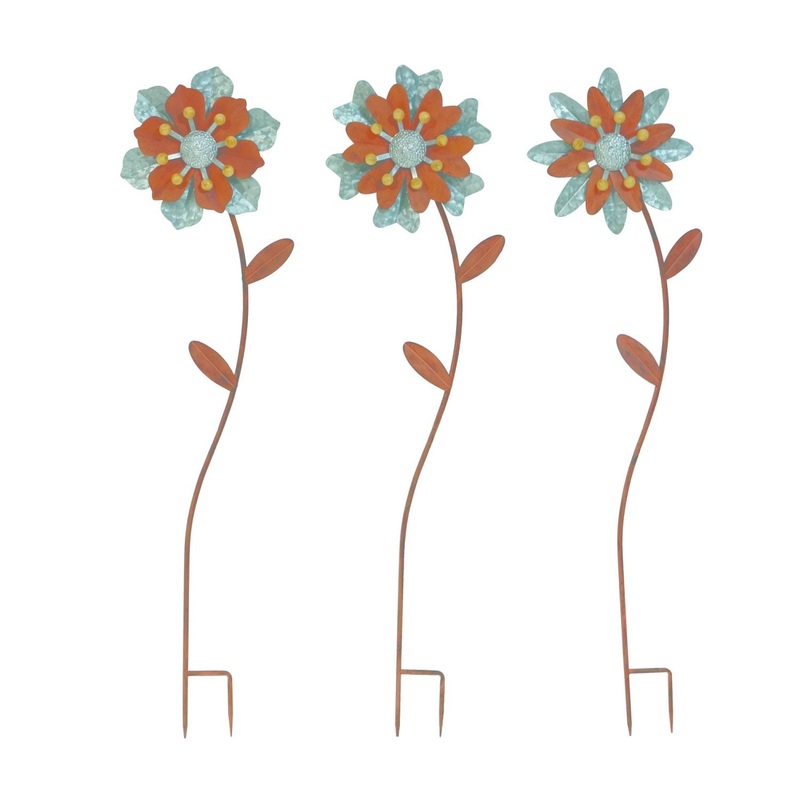 Transpac Metal Garden Flower Yard Stake KD, Set Of 3, Assortment