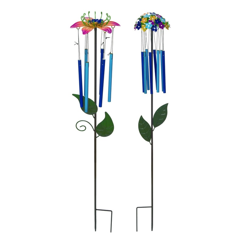 Transpac Metal Rainbow Flower Chime Yard Stake, Set Of 2, Assortment