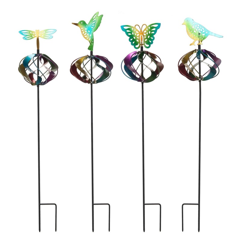 Transpac Metal Rainbow Spinner Yard Stake, Set Of 4, Assortment