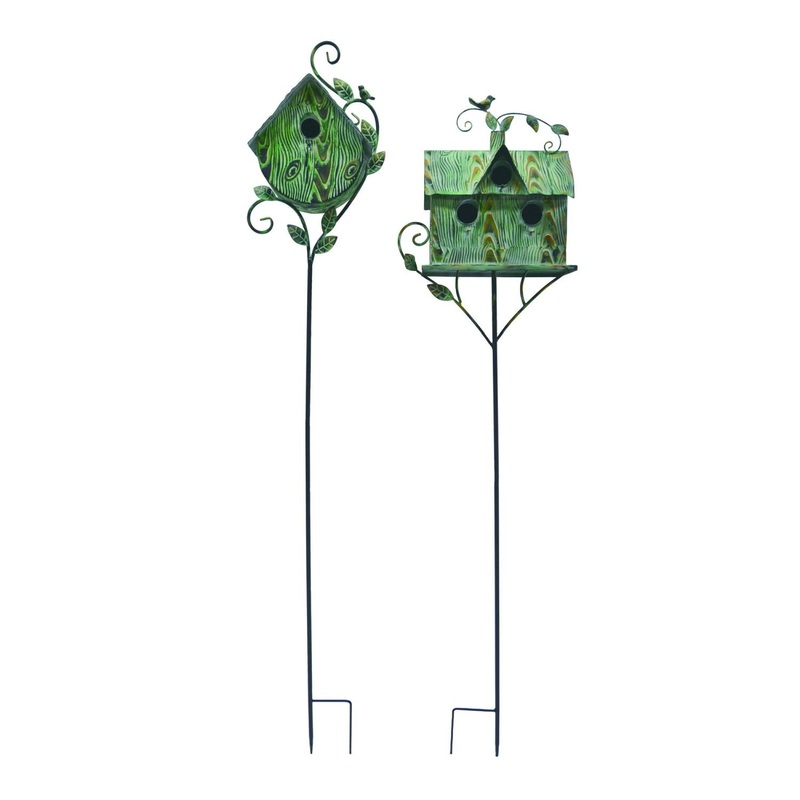 Transpac Metal Rustic Bird House Yard Stake KD, Set Of 2, Assortment