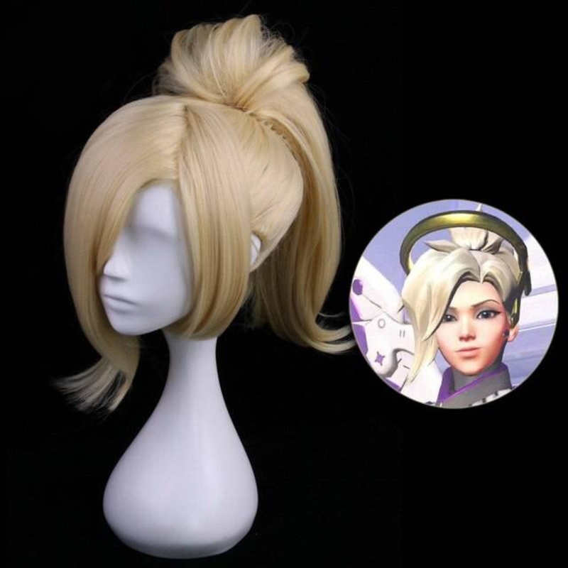 35cm Synthetic Short Blonde Wig Cosplay Costume Game Ow Overwatch Mercy Wigs With One Chip Ponytail