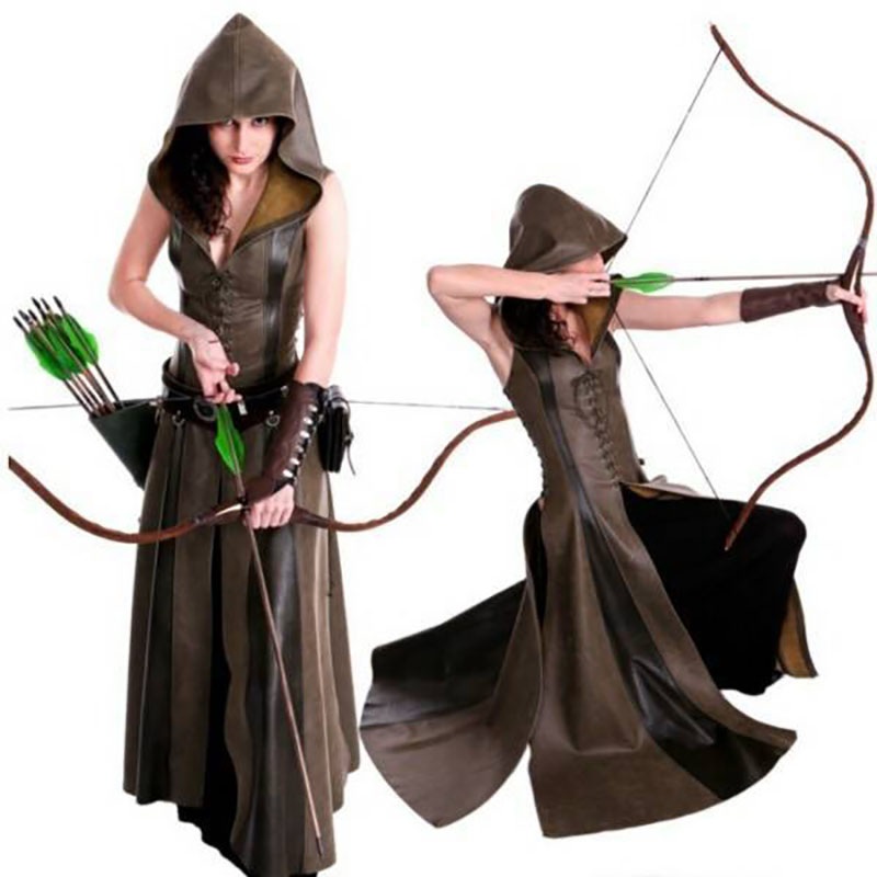 Medieval Larp Archer Ranger Elf Costume Women Assassin Robin Cosplay Dress Leather Hooded Robe Maxi Cloak Halloween Girl