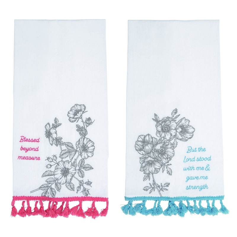Transpac Embroidered Cotton Faithful Floral Tea Towel, Set Of 2, Assortment