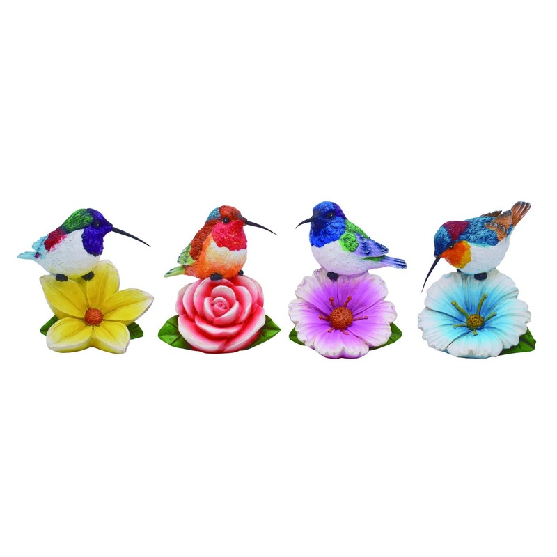 Transpac Resin Bright Hummingbird On Flower Figurine, Set Of 4, Assortment