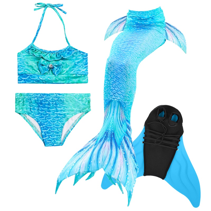 4pcs Set Swimming Mermaid Tail With Monofin Flipper Bikini Girls Children Swimmable Costume Cosplay Swimsuit