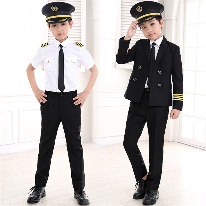 90-160cm Kids Pilot Costumes Carnival Halloween Party Wear Flight Attendant Cosplay Uniforms Children Aircraft Captain