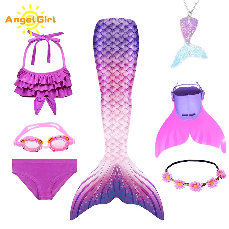 Angelgirl Girls Mermaid Tail With Flipper Bikini Bathing Children Suit Swimsuit For Kids Princess Costume Swimmable