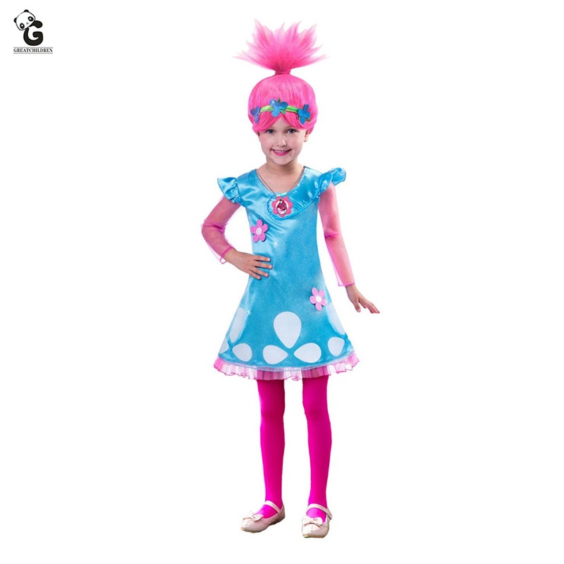 Trolls Poppy Costumes Carnival Halloween For Kids Fancy Dress Girls Wig Vestido De Festa Dresses Cosplay