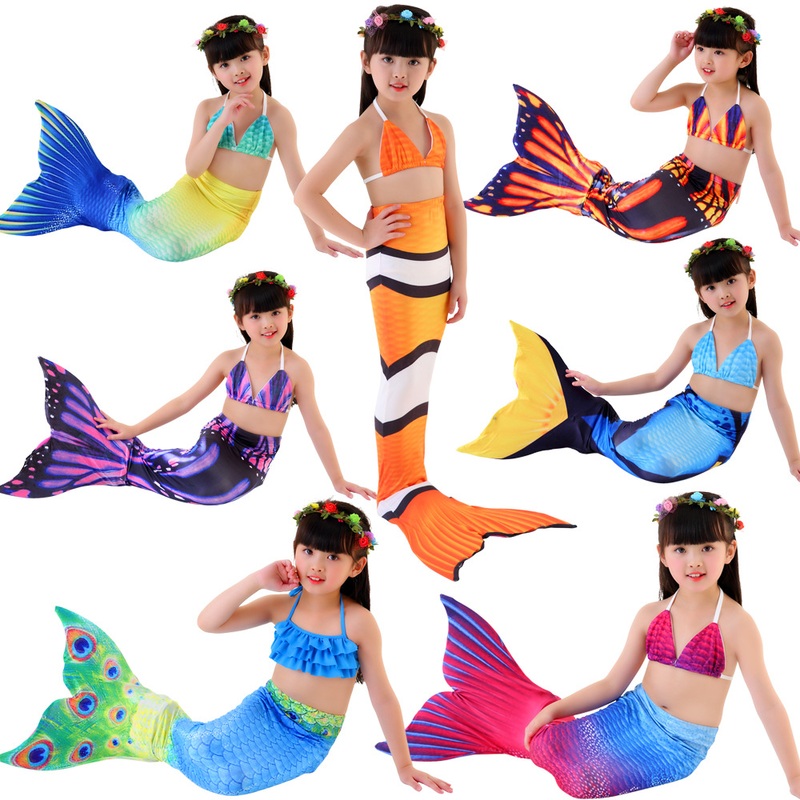 11 Colors Girls Swimming Mermaid Tail Cosplay Swimsuit 3pcs Children Ariel The Little Costume Kids