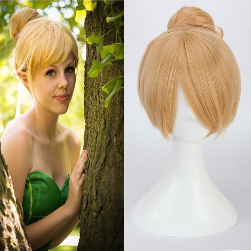 30cm Short Golden Cosplay Wig Fairy Tinker Bell Full Hair Synthetic Wigs Cap