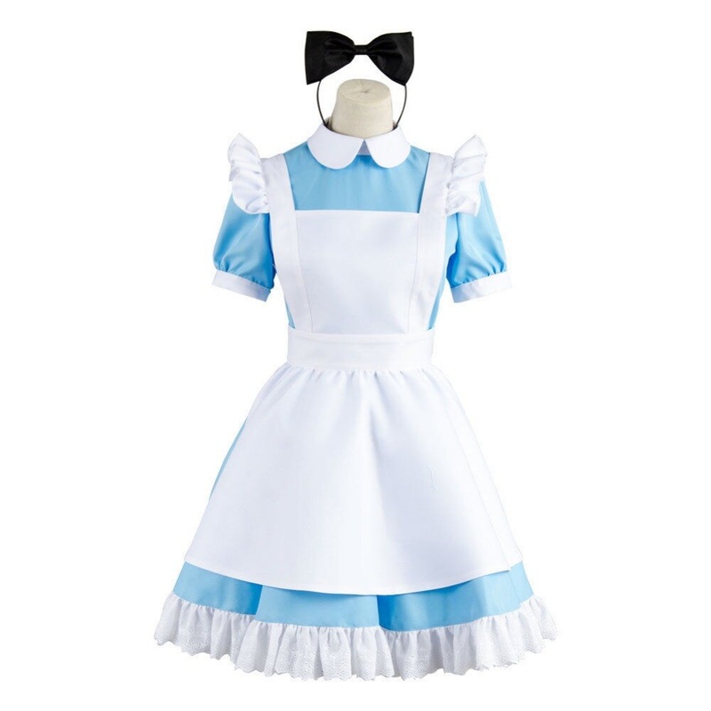Alice In Wonderland Maid Adult Women Cosplay Costume Lolita Blue Apron Dress Halloween Party Headwear