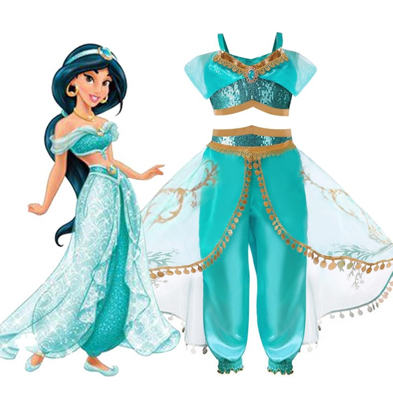 Arabian Princess Aladdin Dress Up Costume Girls Sequined Jasmine Cosplay Kids Halloween