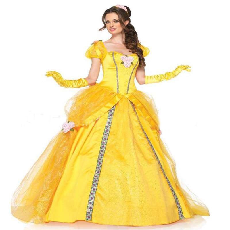 Beauty And The Beast Bell Yellow Long Dress Halloween Costume Belle Princess Masquerade Carnival Adult Suit