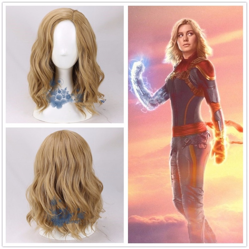 Women Movie Captain Marvel Coplay Wig Carol Danvers Blonde Wavy Hair Gold Synthetic Halloween Wigwig Cap