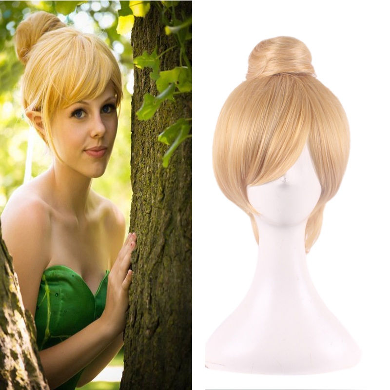 30cm Short Blonde Cosplay Wig Fairy Tinker Bell Full Hair Wigs Women Princess Tinkerbell Adult Size Synthetic Cap
