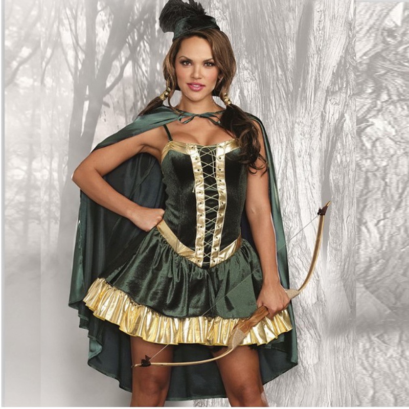 Adult Women Sexy Green Robin Peter Pan Hood Dress Princess Costume Feather Hat Cape