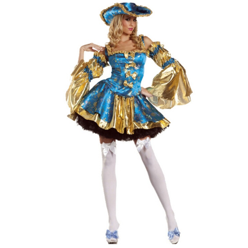 Blue Gold Pirates The Caribbean Cosplay Dresshat Halloween Carnival Women Sexy Costume Party Uniform Adult
