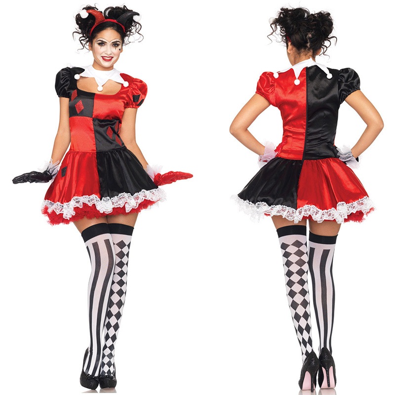 Women Adult Clown Circus Cosplay Costume Harley Quinn 4pcs Plaid Dress Carnival Halloween Joker Performance Party