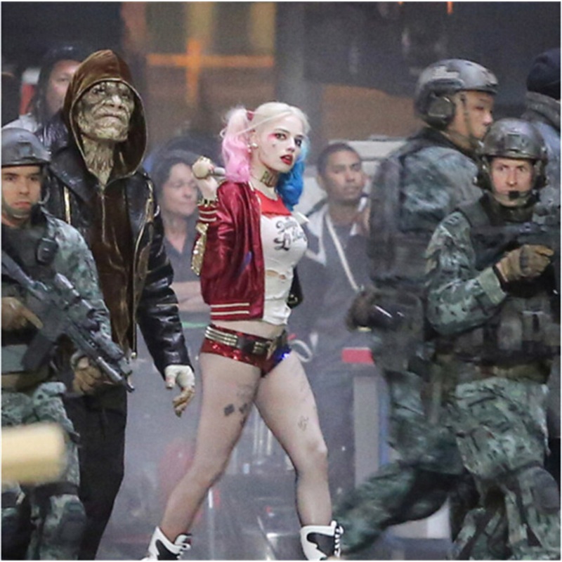 Women Girl Film Movie Squad Harley Quinn Cosplay Costume Clown Wig Jacket Belt Neckerchief T-shirt