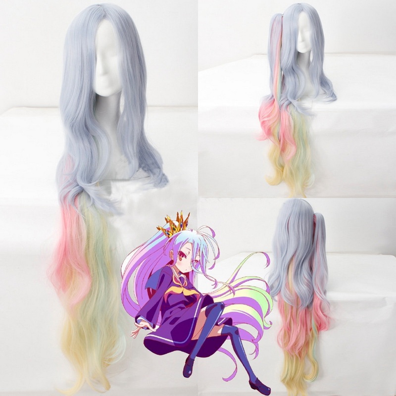 120cm No Game Life Shiro Cosplay Wig Women Blue Pink Yellow Ombre Synthetic Wavy Hair Long Full Wigs With Chip Ponytail