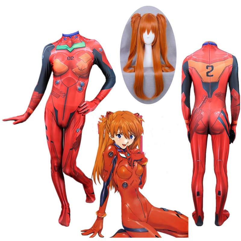 Anime Asuka Langley Soryu Jumpsuits Cosplay Costume Neon Genesis Evangelion Unisex One Piece Fullbody Zentai Suit Bodysuit Wig