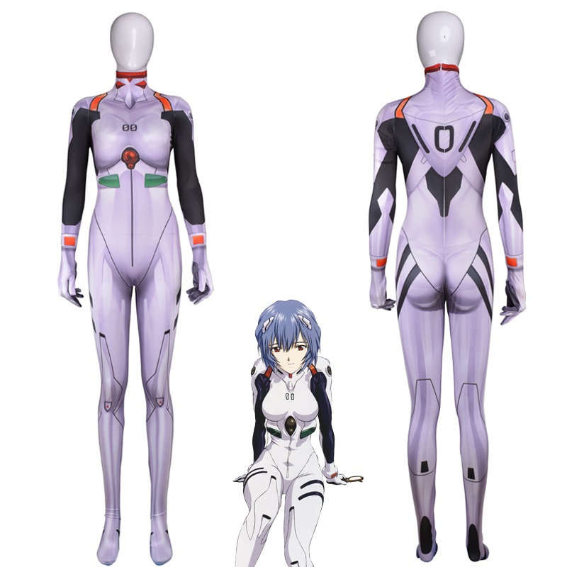 Anime Ayanami Rei Jumpsuits Cosplay Costume Neon Genesis Evangelion Unisex One Piece Fullbody Zentai Lycra Long Sleeve Bodysuit