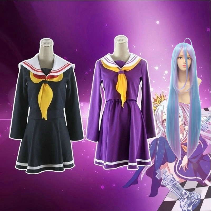 Anime No Game Life Shiro Cosplay Purple Uniform Black Wig Synthetic Hair Halloween Role Play