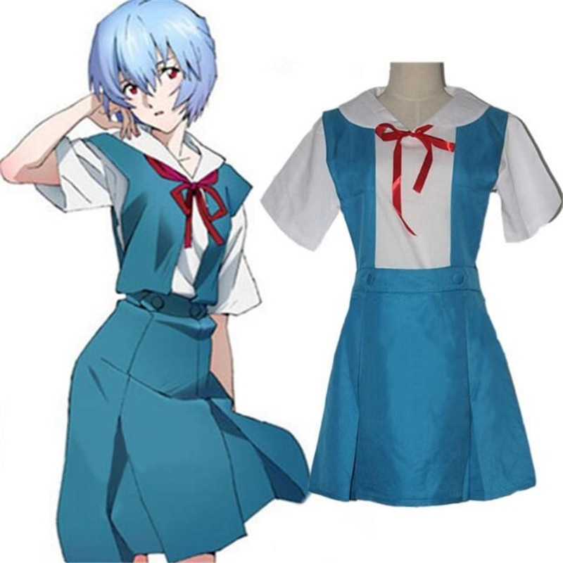 Ayanami Rei Cosplay Costumes Neon Genesis Evangelion Eva Blue School Uniform Suspender Dresses A728