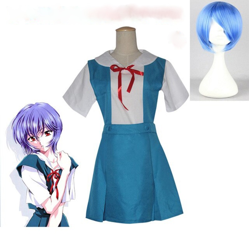 Ayanami Rei Cosplay Costumes Neon Genesis Evangelion Eva Blue School Uniform Suspender Dresses Set With Wig