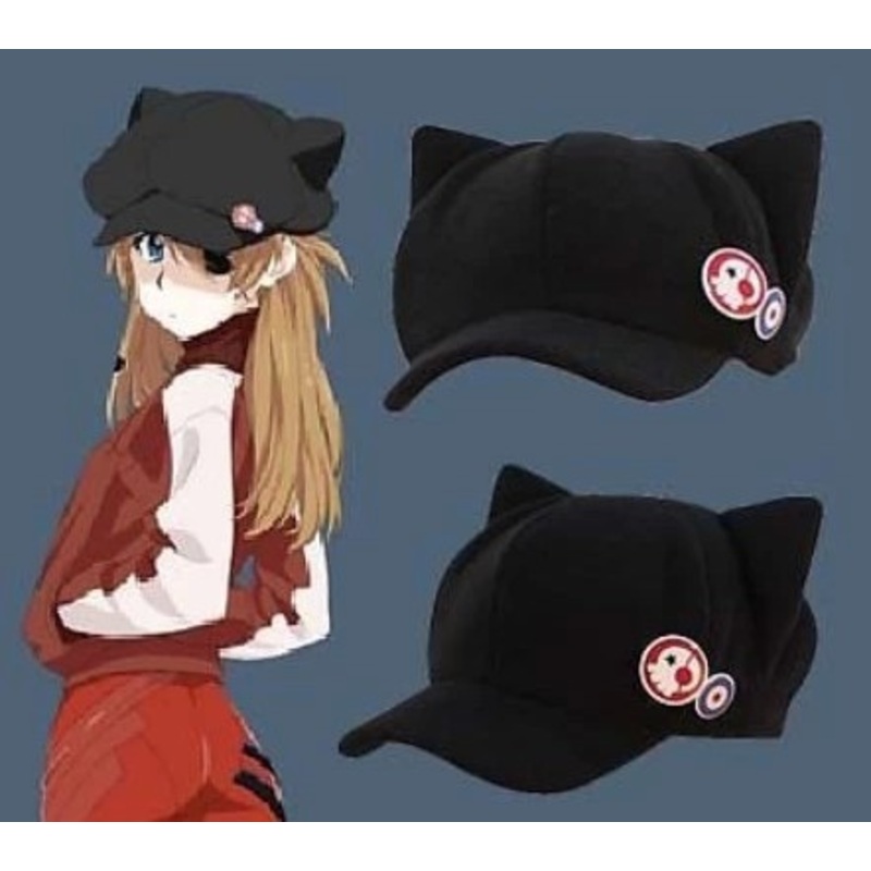 Anime Neon Genesis Evangelion Eva Asuka Langley Soryu Cat Ears Hat Cosplay Costume Polar Fleece Plush Cap With Badges