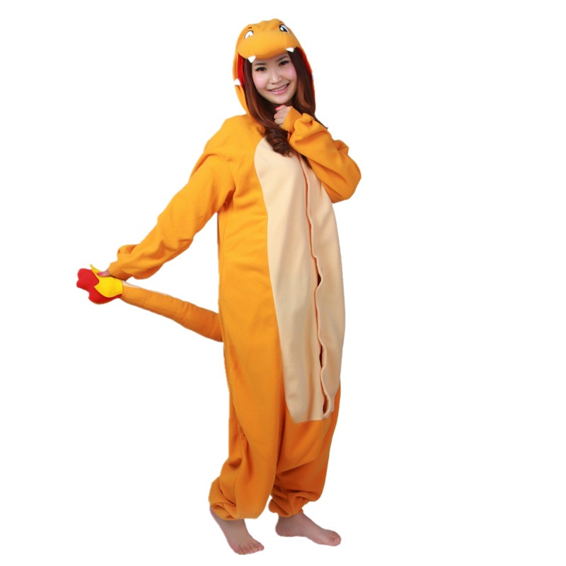 Adult Flannel Kigurumi Charmander Cosplay Costume Unisex Onesies Pajamas Halloween Carnival Masquerade Party Jumpsuit