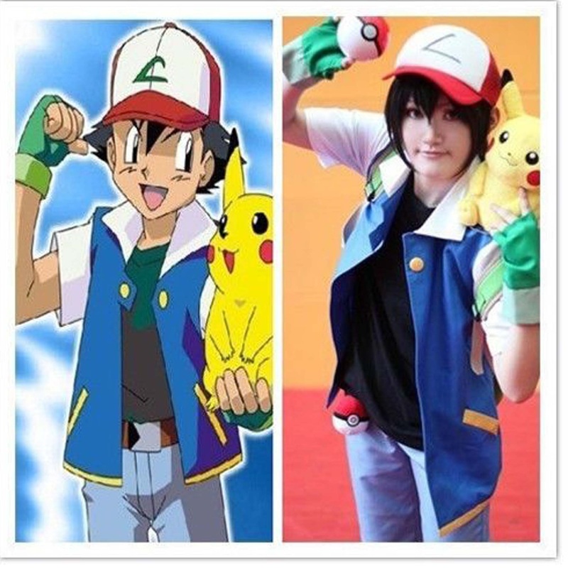 Ash Ketchum Cosplay Costume Blue Jacket Gloves Hat Costumes