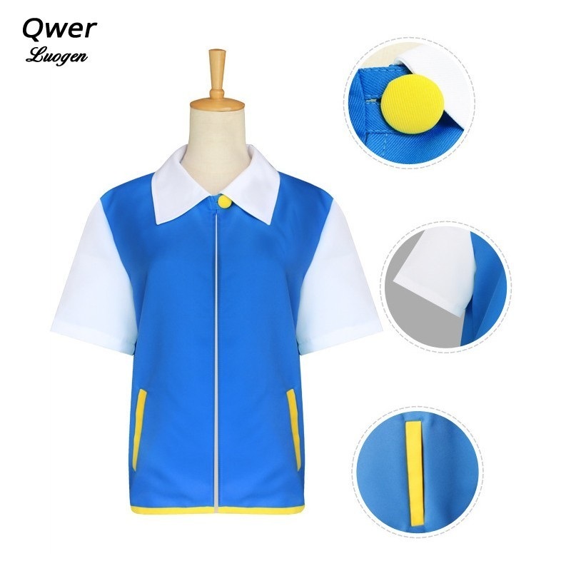 Anime Ash Ketchum Cosplay Costume Blue White Color T-shirt School Uniform Set Short Sleeve Tshirts Coat Tops