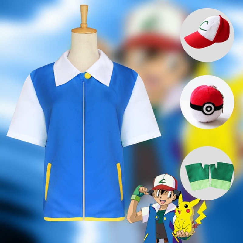 Anime Cosplay Ash Ketchum Costume Blue Jacket Hat Gloves Poke Ball Full Set Halloween Costumes