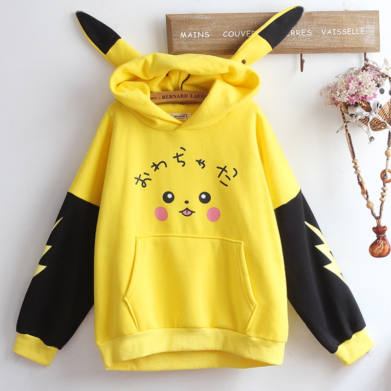 Anime Cosplay Costume Loose Thick Hoodies Sweatshirts Pikachu Rabbit Ears Hoodie Girls Halloween Costumes
