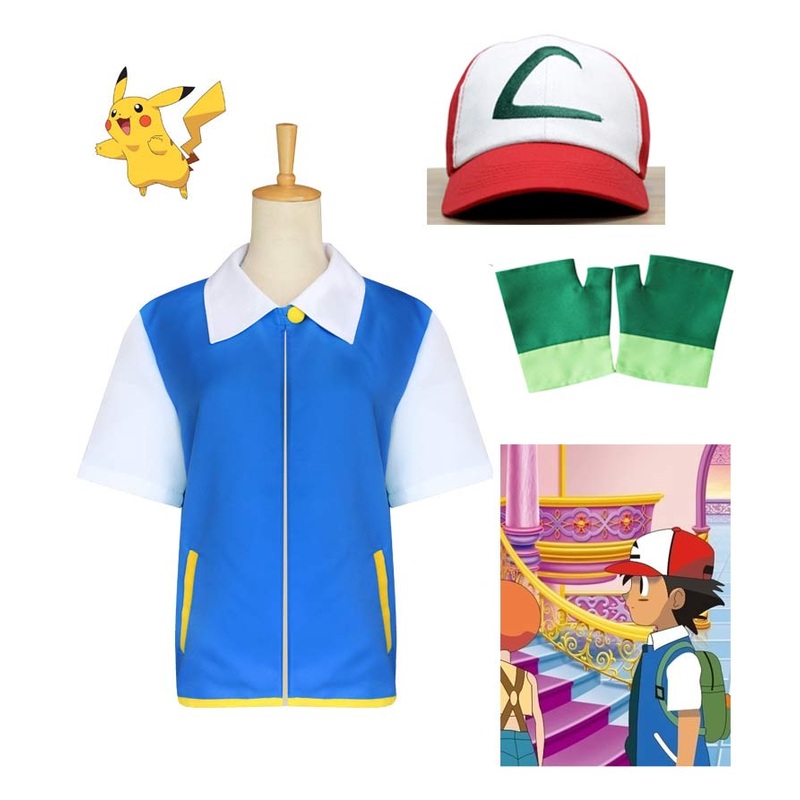 Ash Ketchum Kids Cosplay Costume Blue Jacket Gloves Hat Costumes Adult